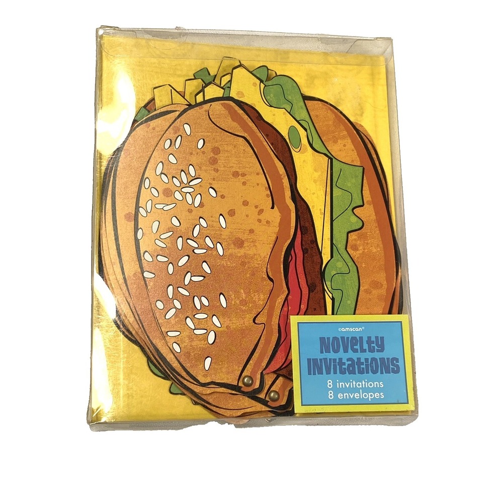 amscan NOVELTY INVITATIONS 8 invites & envelopes CHEESE BURGER COOK OUT